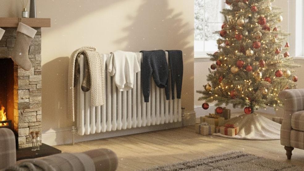 Living room scene with Christmas tree and radiator Living room scene with Christmas tree and radiator