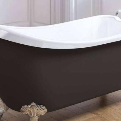 A black traditional style rolltop bath with silver claw feet