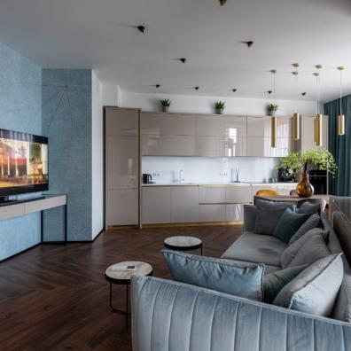 Couches and kitchen
