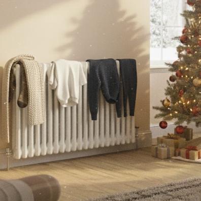 Living room scene with Christmas tree and radiator