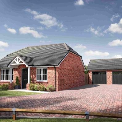 An image of a red brick bungalow with a garage and parking space